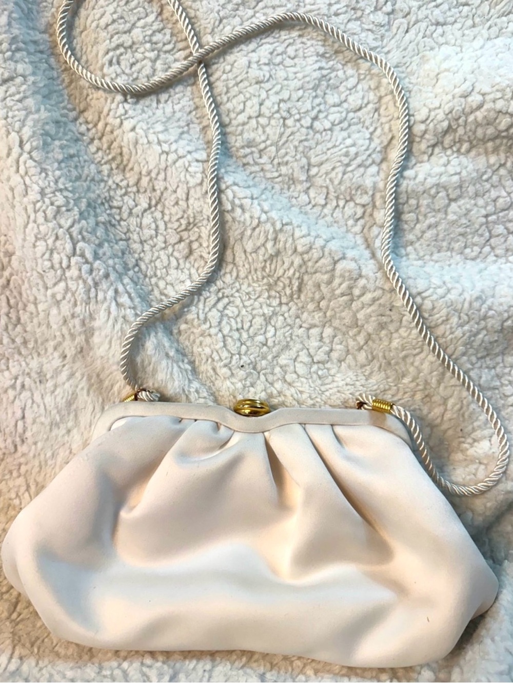 Cream Evening Clutch with Gold-Tone Kiss Lock and Rope Strap